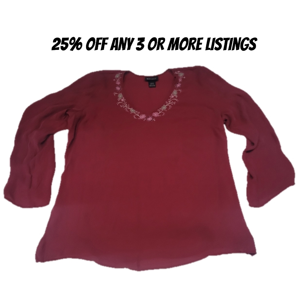 Lane Bryant Embroidered V-Neck Blouse Plus Size 18 / 20 100% Silk Floral Shirt